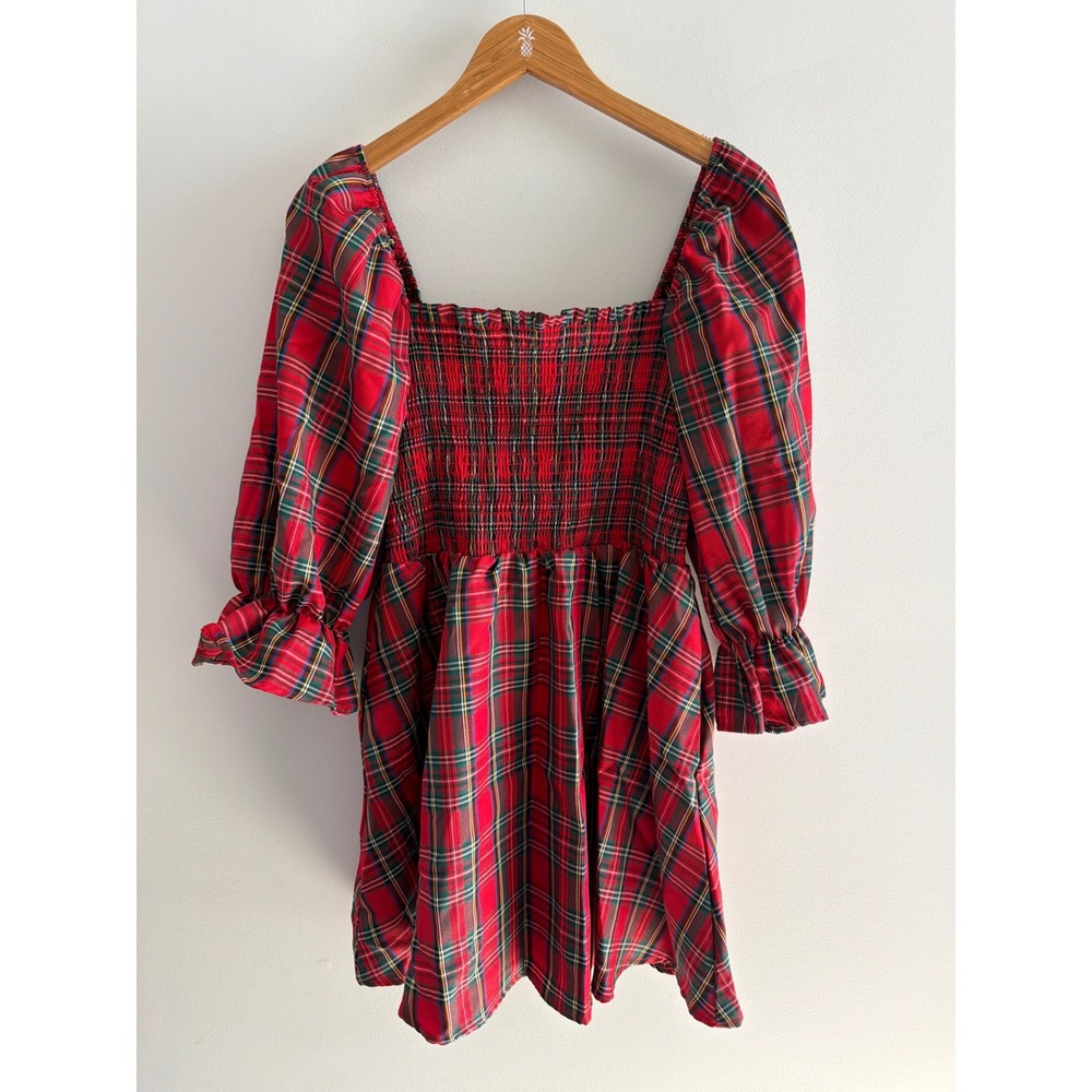 Audrey Parks Women Smocked Tartan Plaid Mini Dress Large Red Preppy Holiday